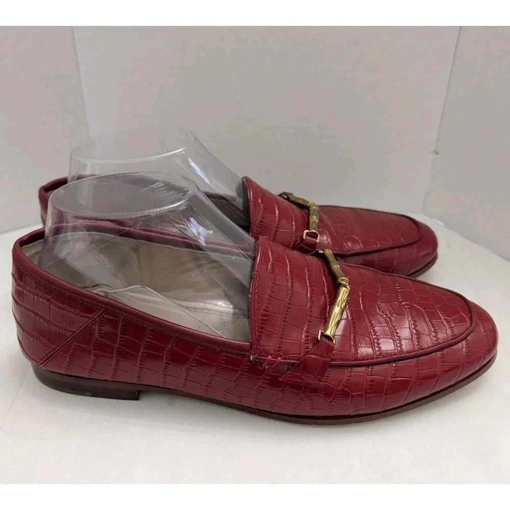 J. Mclaughlin Dillon Red Croc Skin Print Leather Loafers Sz 8M Bamboo Metal Gold